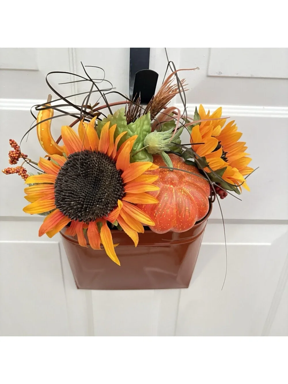 Fall Autumn Floral Sunflower Pocket Metal Bucket Door-Knob Basket ~ Home Decor